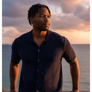 NWT Marc Asher New York Navy Textured Knit Button Up Polo Shirt XL